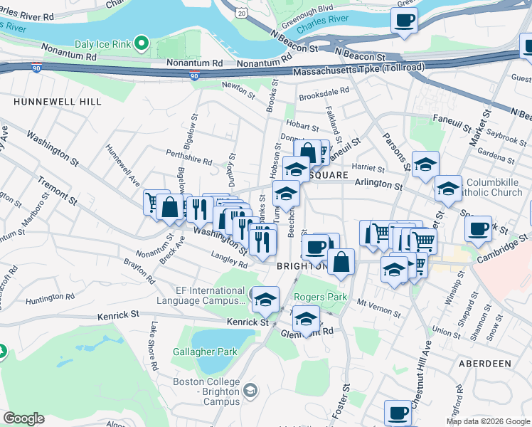 map of restaurants, bars, coffee shops, grocery stores, and more near 52 Fairbanks Street in Boston