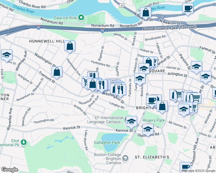 map of restaurants, bars, coffee shops, grocery stores, and more near 380 Faneuil Street in Boston