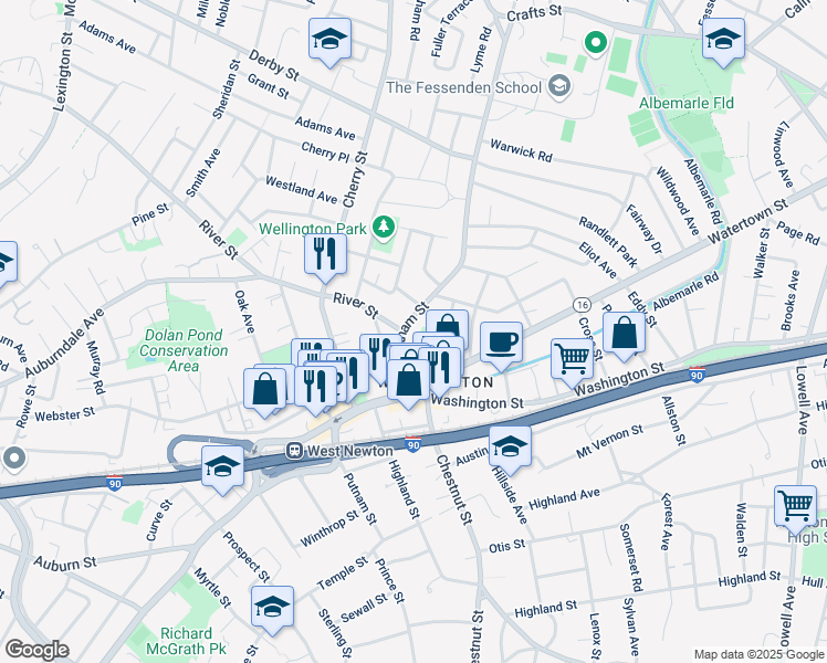 map of restaurants, bars, coffee shops, grocery stores, and more near 478 Waltham Street in Newton