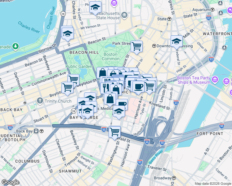 map of restaurants, bars, coffee shops, grocery stores, and more near in Boston