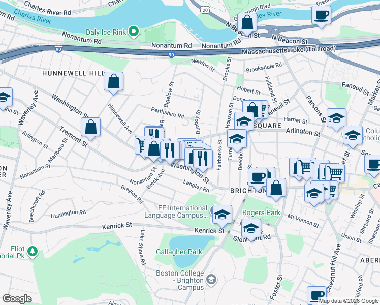 map of restaurants, bars, coffee shops, grocery stores, and more near 14 Brackett Street in Boston