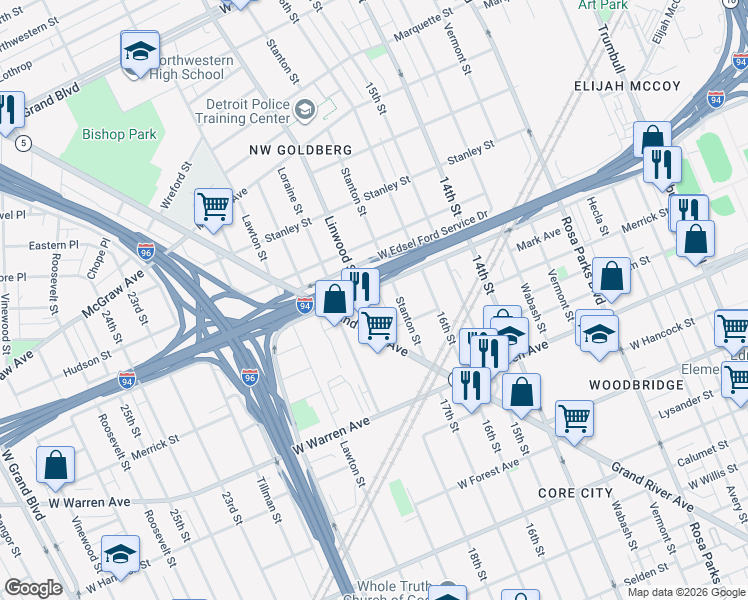 map of restaurants, bars, coffee shops, grocery stores, and more near 5236 Linwood Street in Detroit
