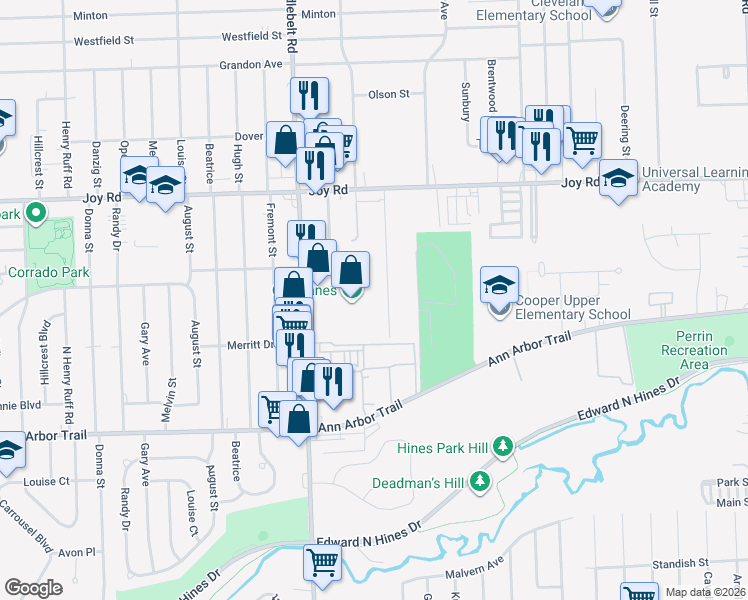 map of restaurants, bars, coffee shops, grocery stores, and more near 8450 North Middlebelt Road in Westland