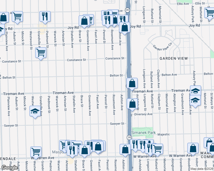map of restaurants, bars, coffee shops, grocery stores, and more near 8043 Penrod Street in Detroit