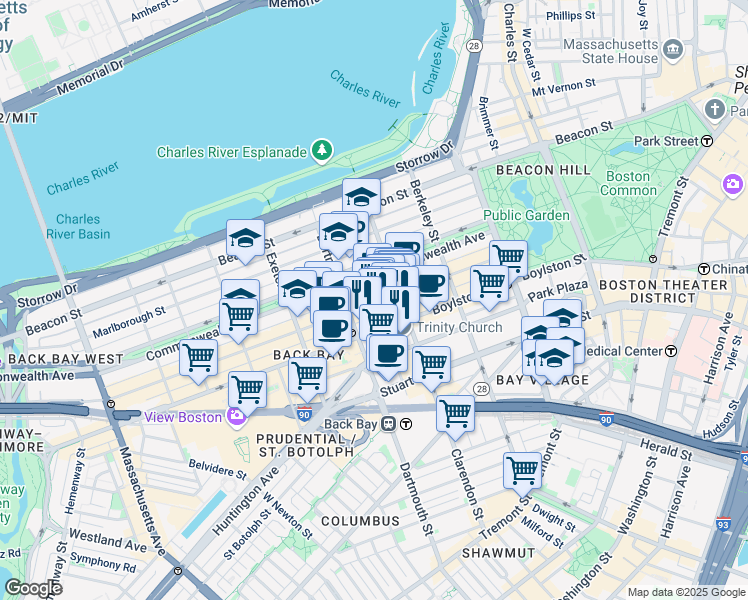 map of restaurants, bars, coffee shops, grocery stores, and more near 118 Newbury Street in Boston