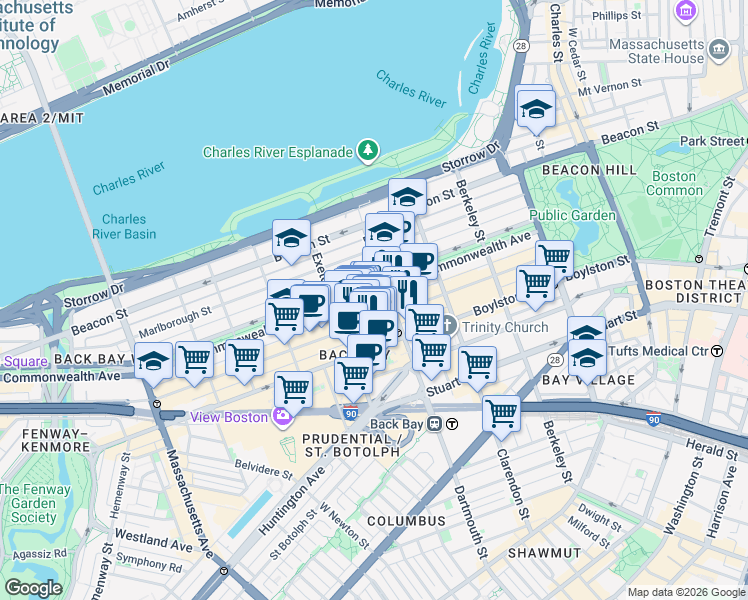 map of restaurants, bars, coffee shops, grocery stores, and more near 176 Newbury Street in Boston