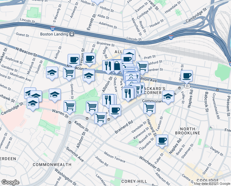 map of restaurants, bars, coffee shops, grocery stores, and more near 17 Radcliffe Road in Boston