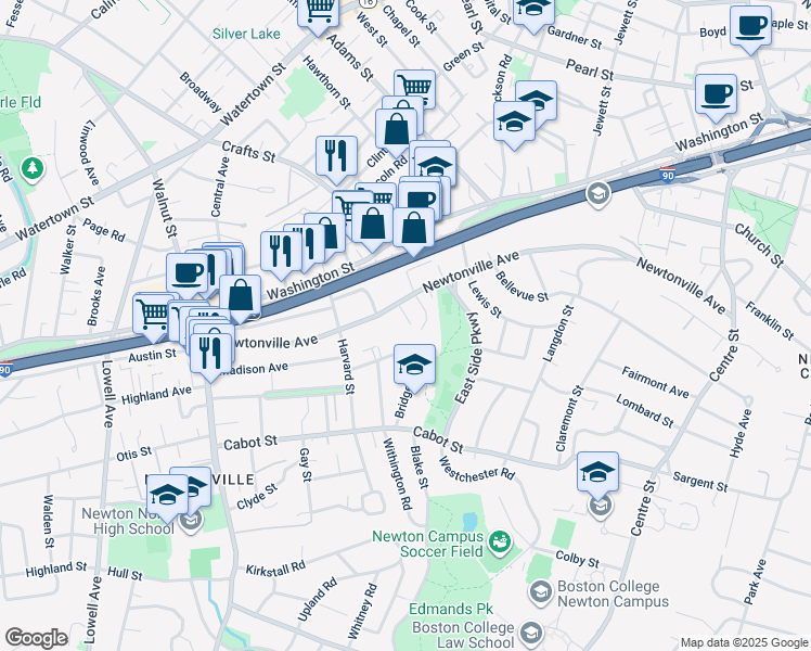 map of restaurants, bars, coffee shops, grocery stores, and more near 19 Carter Street in Newton