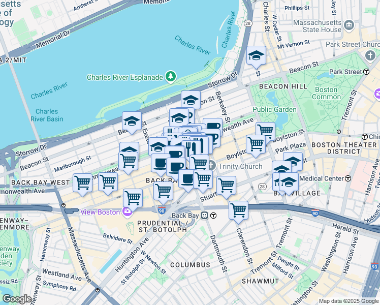 map of restaurants, bars, coffee shops, grocery stores, and more near 7 Dartmouth Street in Boston