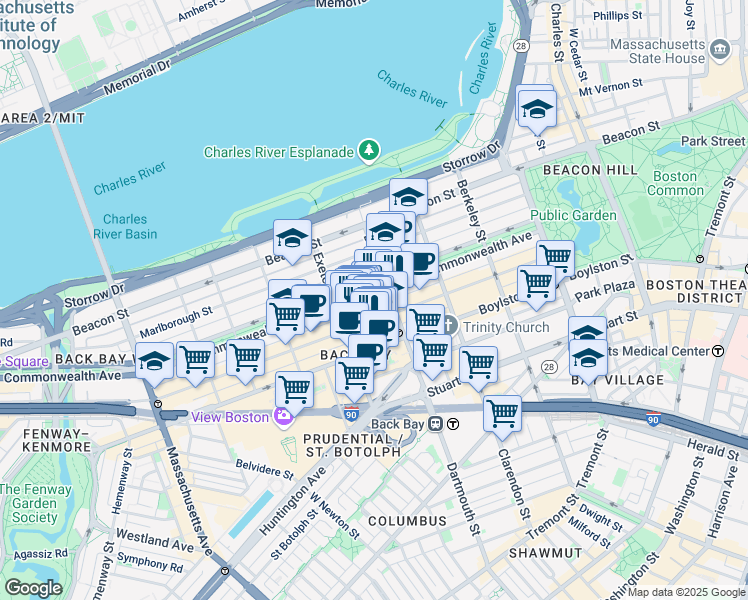 map of restaurants, bars, coffee shops, grocery stores, and more near 176 Newbury Street in Boston