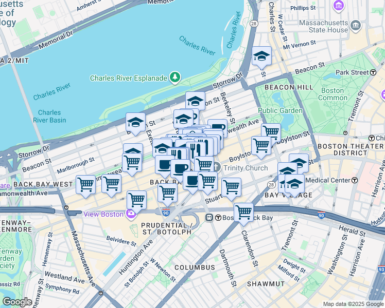 map of restaurants, bars, coffee shops, grocery stores, and more near 7 Dartmouth Street in Boston