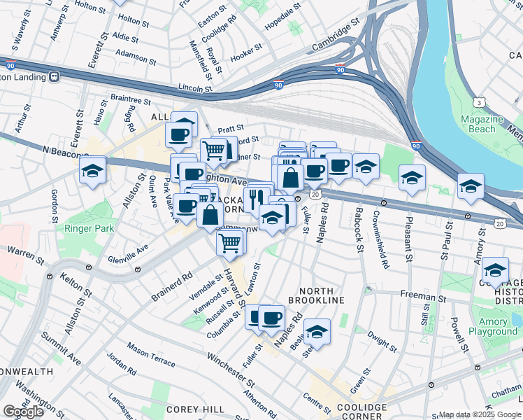 map of restaurants, bars, coffee shops, grocery stores, and more near 1131 Commonwealth Avenue in Boston