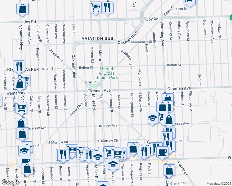 map of restaurants, bars, coffee shops, grocery stores, and more near 7920 Pinehurst Street in Dearborn