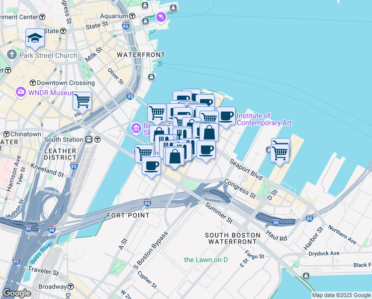 map of restaurants, bars, coffee shops, grocery stores, and more near 35 Thomson Place in Boston