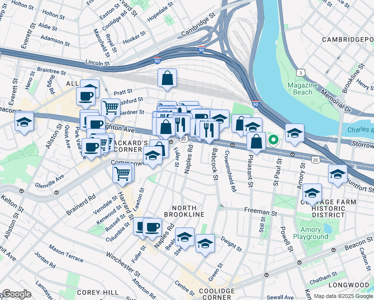 map of restaurants, bars, coffee shops, grocery stores, and more near 186 Naples Road in Brookline