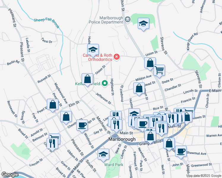 map of restaurants, bars, coffee shops, grocery stores, and more near 76 Highland Street in Marlborough