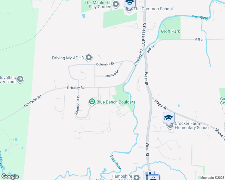 map of restaurants, bars, coffee shops, grocery stores, and more near 166 East Hadley Road in Amherst