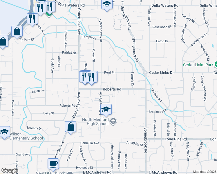 map of restaurants, bars, coffee shops, grocery stores, and more near 2218 Roberts Road in Medford