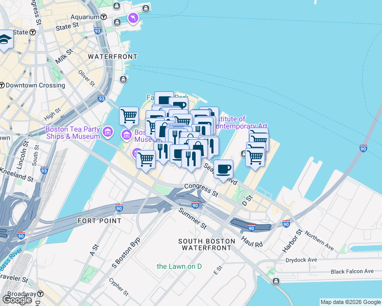 map of restaurants, bars, coffee shops, grocery stores, and more near 121 Seaport Boulevard in Boston