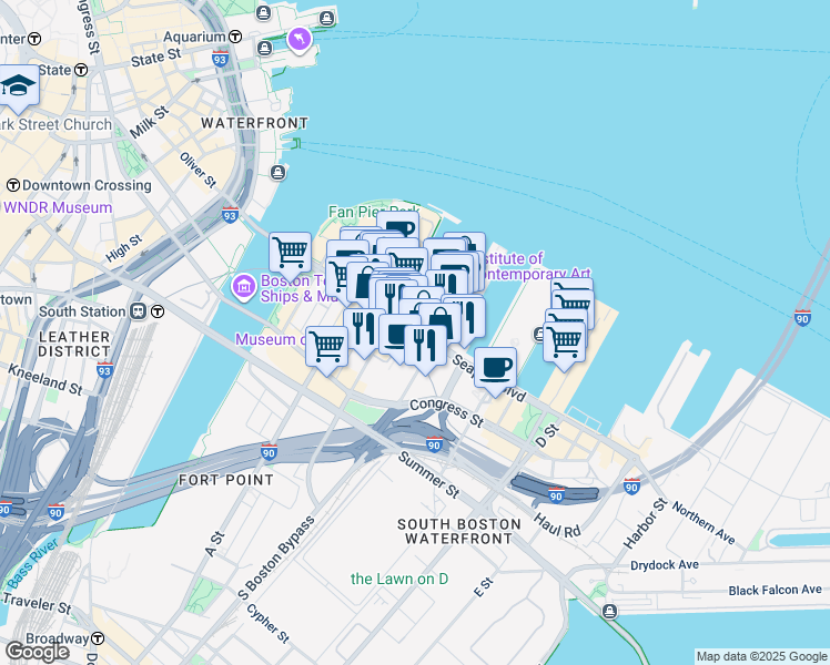 map of restaurants, bars, coffee shops, grocery stores, and more near 121 Seaport Boulevard in Boston