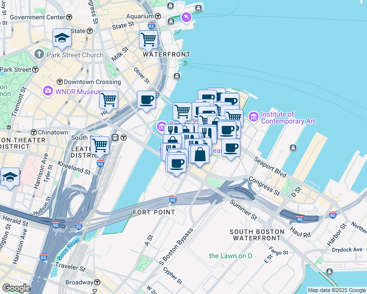 map of restaurants, bars, coffee shops, grocery stores, and more near 338 Congress Street in Boston