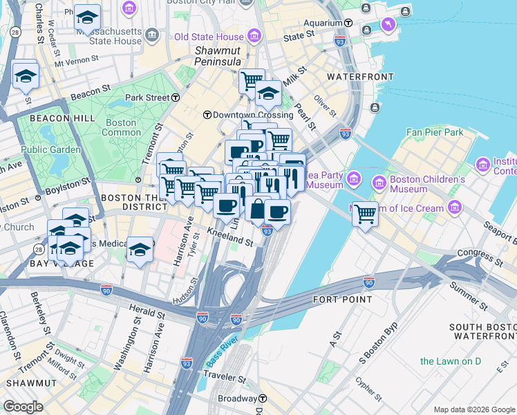 map of restaurants, bars, coffee shops, grocery stores, and more near 711 Atlantic Avenue in Boston
