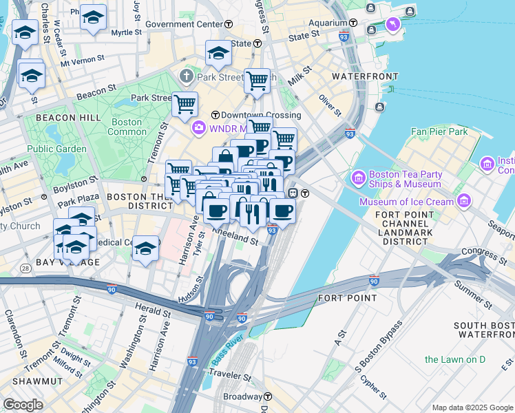 map of restaurants, bars, coffee shops, grocery stores, and more near in Boston