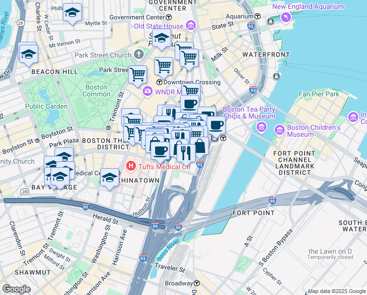 map of restaurants, bars, coffee shops, grocery stores, and more near 102-112 Beach Street in Boston
