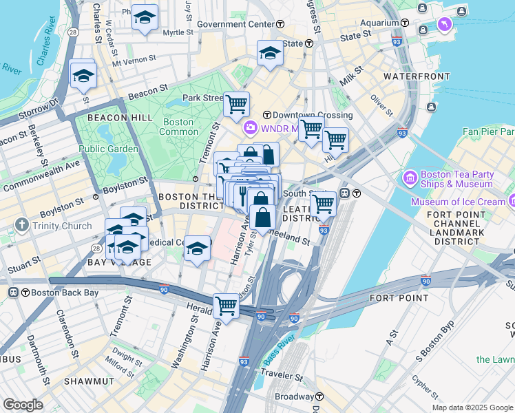 map of restaurants, bars, coffee shops, grocery stores, and more near in Boston
