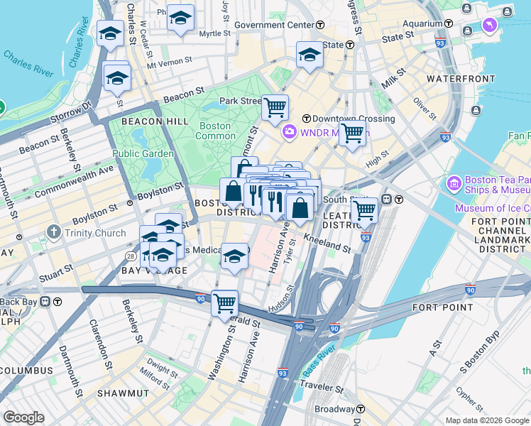 map of restaurants, bars, coffee shops, grocery stores, and more near 8 Kneeland Street in Boston
