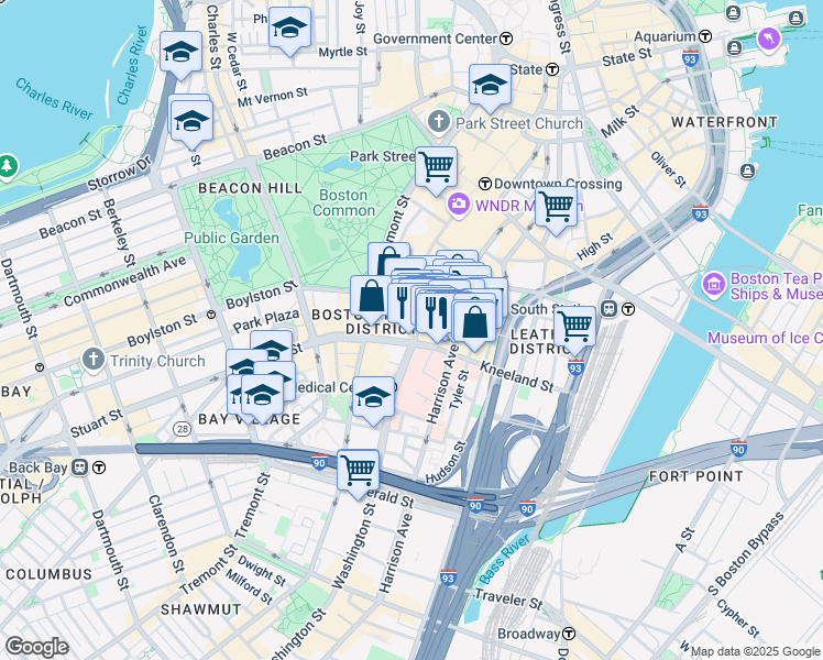 map of restaurants, bars, coffee shops, grocery stores, and more near 8 Kneeland Street in Boston