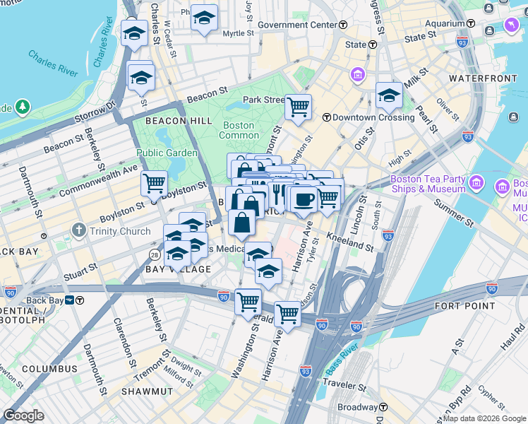 map of restaurants, bars, coffee shops, grocery stores, and more near 39 Stuart Street in Boston