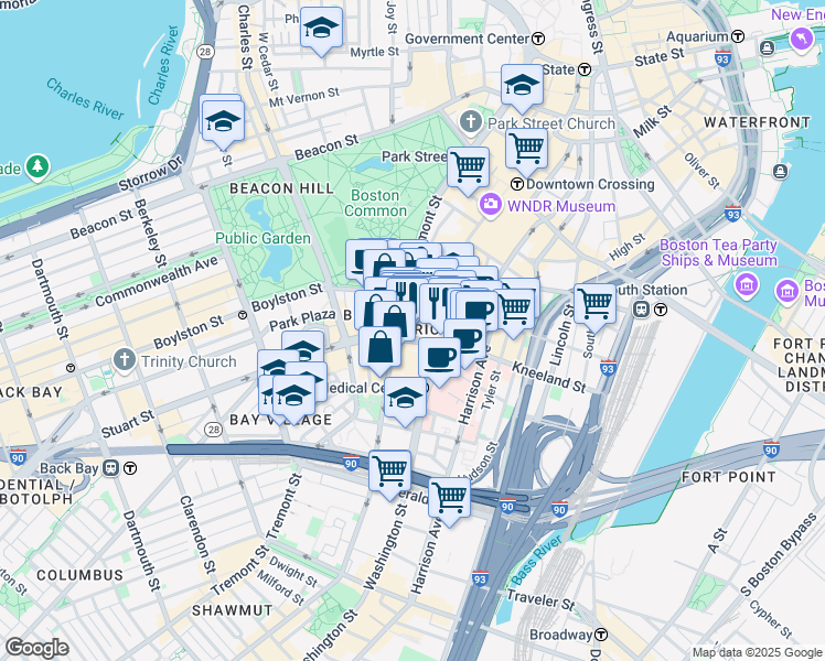 map of restaurants, bars, coffee shops, grocery stores, and more near 39 Stuart Street in Boston
