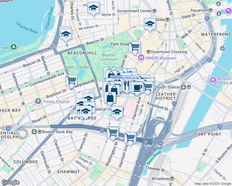 map of restaurants, bars, coffee shops, grocery stores, and more near 39 Stuart Street in Boston