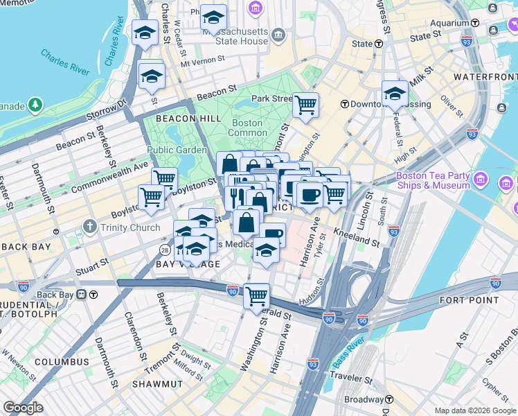 map of restaurants, bars, coffee shops, grocery stores, and more near in Boston