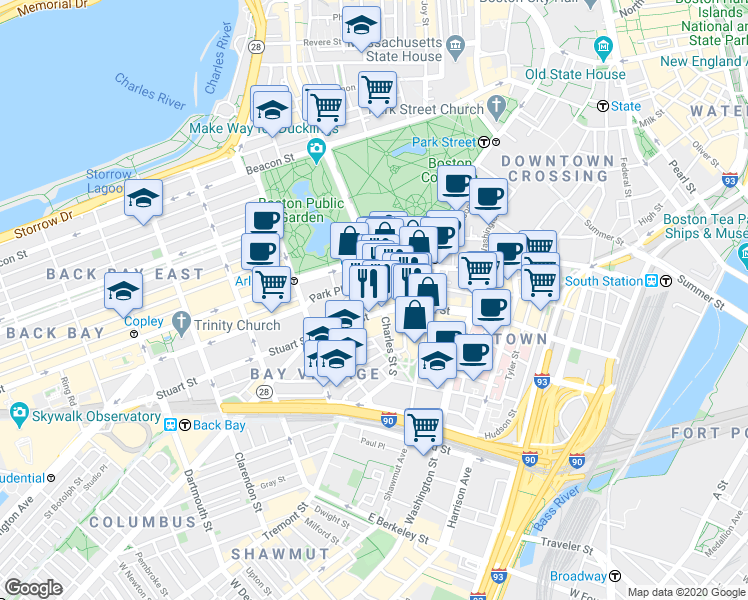 map of restaurants, bars, coffee shops, grocery stores, and more near 1 Charles Street South in Boston