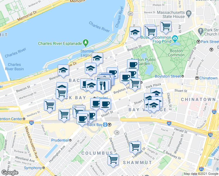 map of restaurants, bars, coffee shops, grocery stores, and more near 130B Newbury Street in Boston