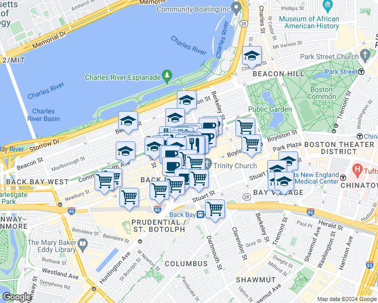 map of restaurants, bars, coffee shops, grocery stores, and more near 7 Dartmouth Street in Boston