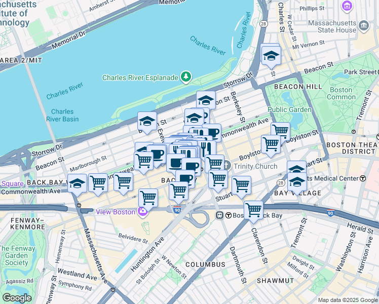 map of restaurants, bars, coffee shops, grocery stores, and more near 176 Newbury Street in Boston