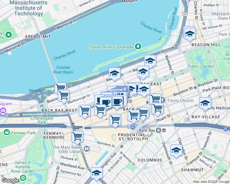 map of restaurants, bars, coffee shops, grocery stores, and more near 225 Commonwealth Avenue in Boston