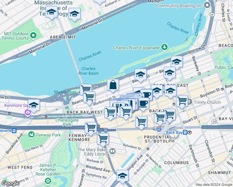 map of restaurants, bars, coffee shops, grocery stores, and more near 11 Gloucester Street in Boston