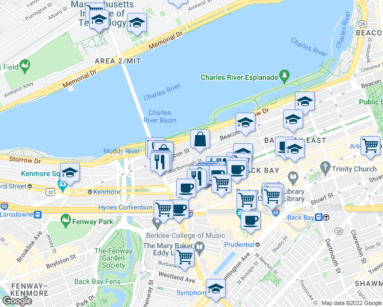 map of restaurants, bars, coffee shops, grocery stores, and more near 18 Hereford Street in Boston