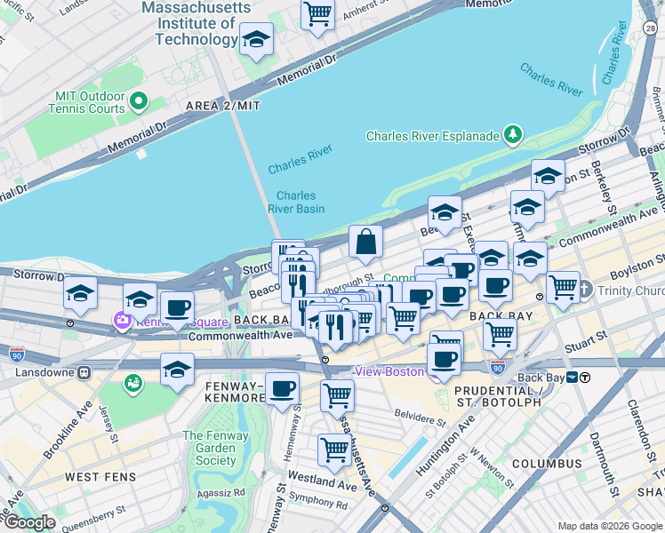 map of restaurants, bars, coffee shops, grocery stores, and more near 457 Beacon Street in Boston