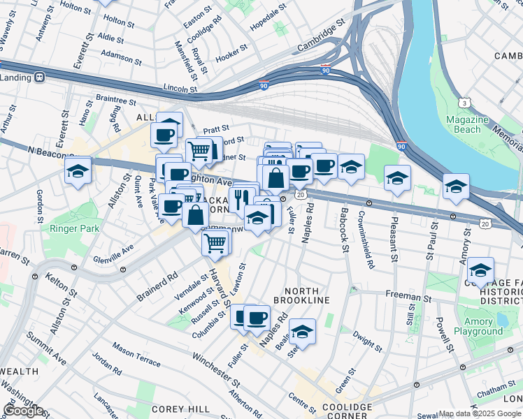 map of restaurants, bars, coffee shops, grocery stores, and more near 1131 Commonwealth Avenue in Boston