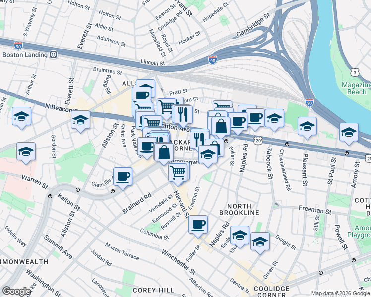 map of restaurants, bars, coffee shops, grocery stores, and more near 11 Chester Street in Boston