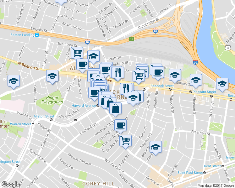 map of restaurants, bars, coffee shops, grocery stores, and more near 11 Chester Street in Boston