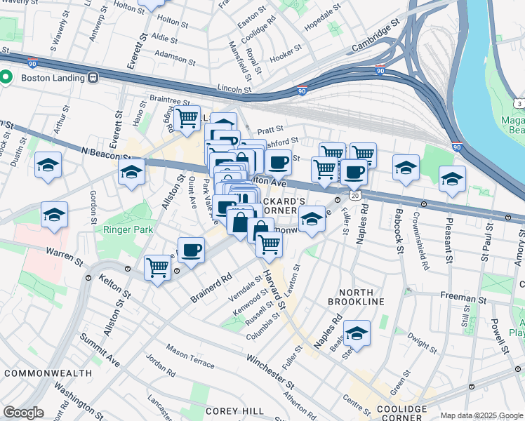 map of restaurants, bars, coffee shops, grocery stores, and more near 1197 Commonwealth Avenue in Boston