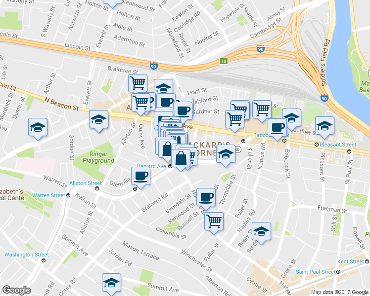 map of restaurants, bars, coffee shops, grocery stores, and more near 1197 Commonwealth Avenue in Boston