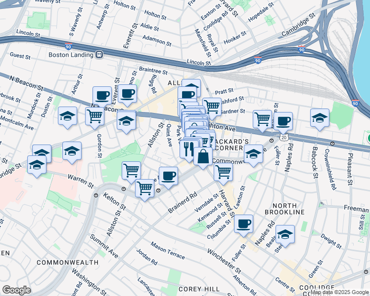 map of restaurants, bars, coffee shops, grocery stores, and more near 10-14 Park Vale Avenue in Boston