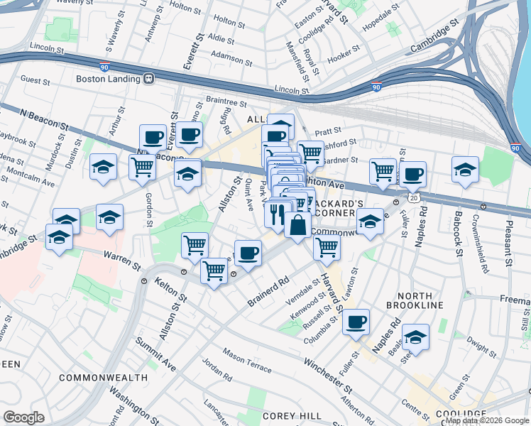 map of restaurants, bars, coffee shops, grocery stores, and more near 10-14 Park Vale Avenue in Boston